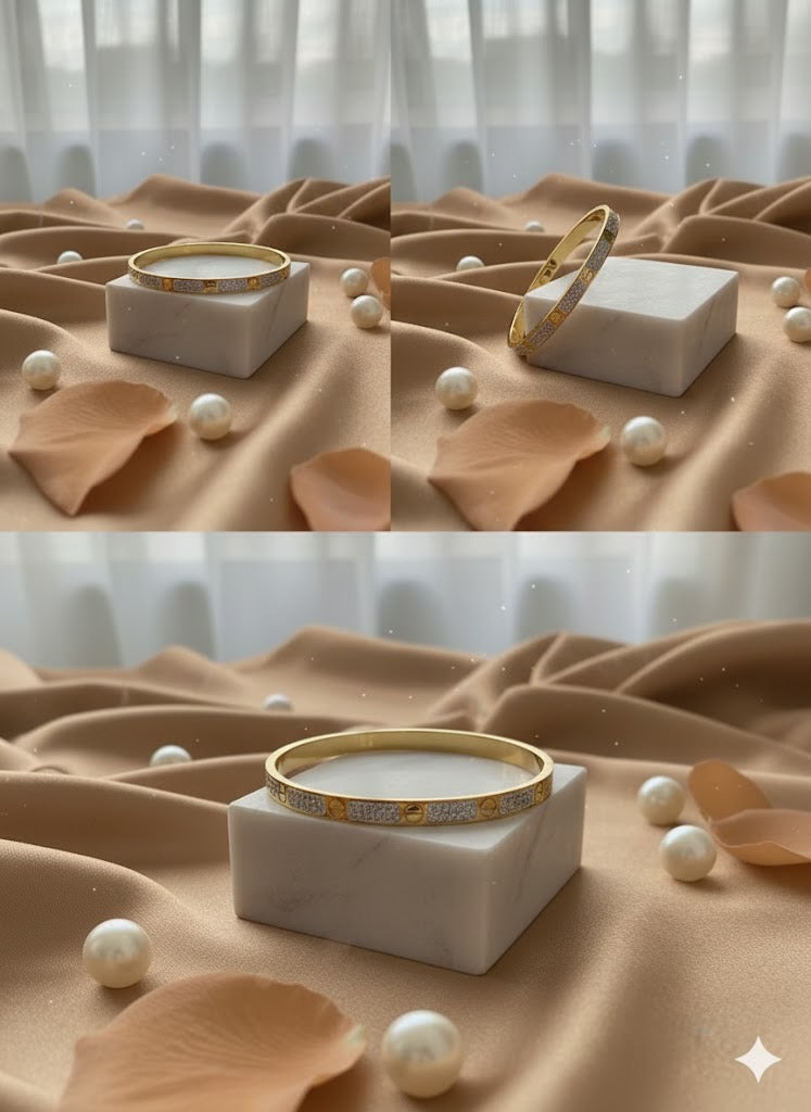 Luxury Crystal-Pave Gold Bangle – Icy Studded Statement Bracelet with Screw Motif