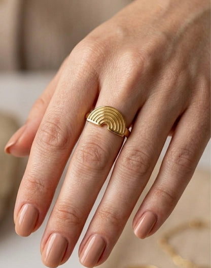 Dainty 18K Gold Plated Rainbow Arch Ring for Women | Minimalist Textured Half-Circle Statement Ring | Tarnish-Free Stainless Steel Everyday Jewelry