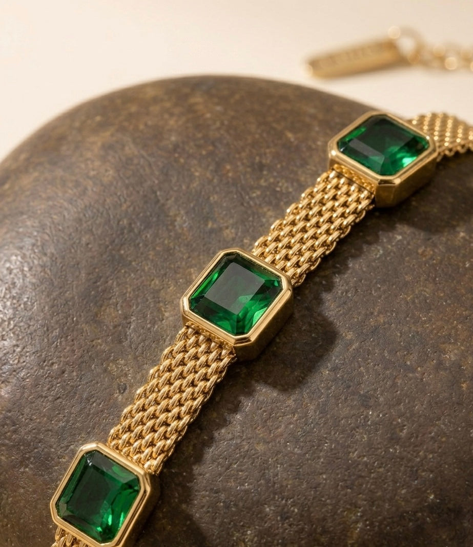 18k Gold Plated Emerald Green Mesh Chain Bracelet