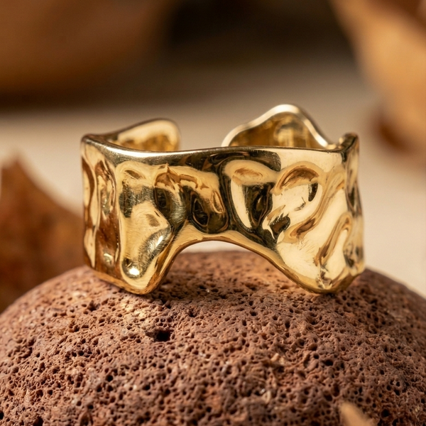 18k Gold Plated Boho Hammered Metal Wave Ring