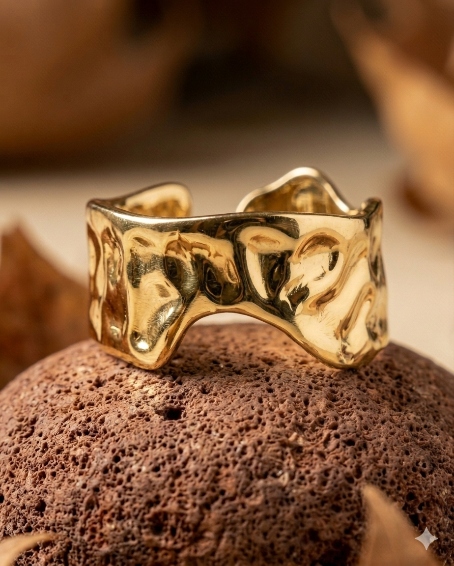 18k Gold Plated Boho Hammered Metal Wave Ring ACERO JEWELS