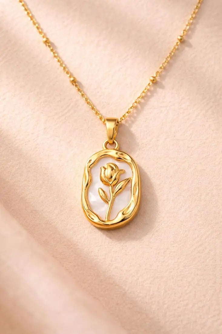 18K Gold Plated White Rose Medallion Necklace | Vintage Floral Pendant on Satellite Chain - ACERO JEWELS