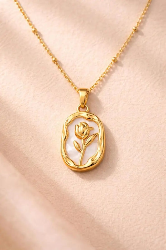 18K Gold Plated White Rose Medallion Necklace | Vintage Floral Pendant on Satellite Chain - ACERO JEWELS