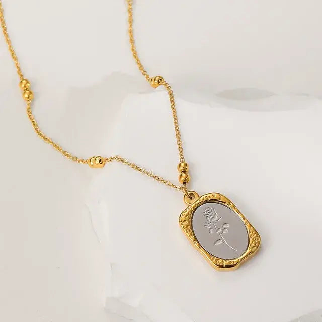 18K Gold Plated Dual Rose Medallion Necklace | Double Oval Pendant with Beaded Satellite Chain - ACERO JEWELS