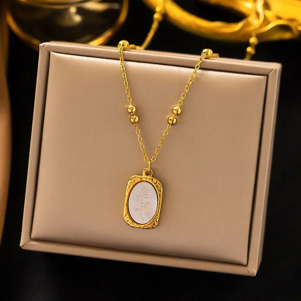 18K Gold Plated Dual Rose Medallion Necklace | Double Oval Pendant with Beaded Satellite Chain - ACERO JEWELS