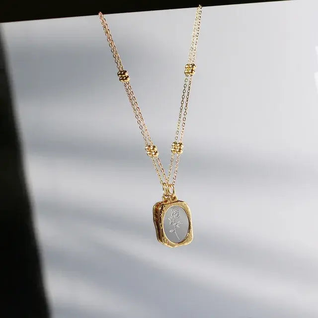 18K Gold Plated Dual Rose Medallion Necklace | Double Oval Pendant with Beaded Satellite Chain - ACERO JEWELS