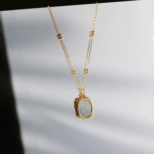 18K Gold Plated Dual Rose Medallion Necklace | Double Oval Pendant with Beaded Satellite Chain - ACERO JEWELS
