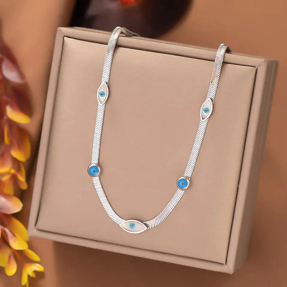 Elegant Silver Nazar Choker - High-Polish Herringbone Chain - Protective Evil Eye Jewelry for Women - ACERO JEWELS