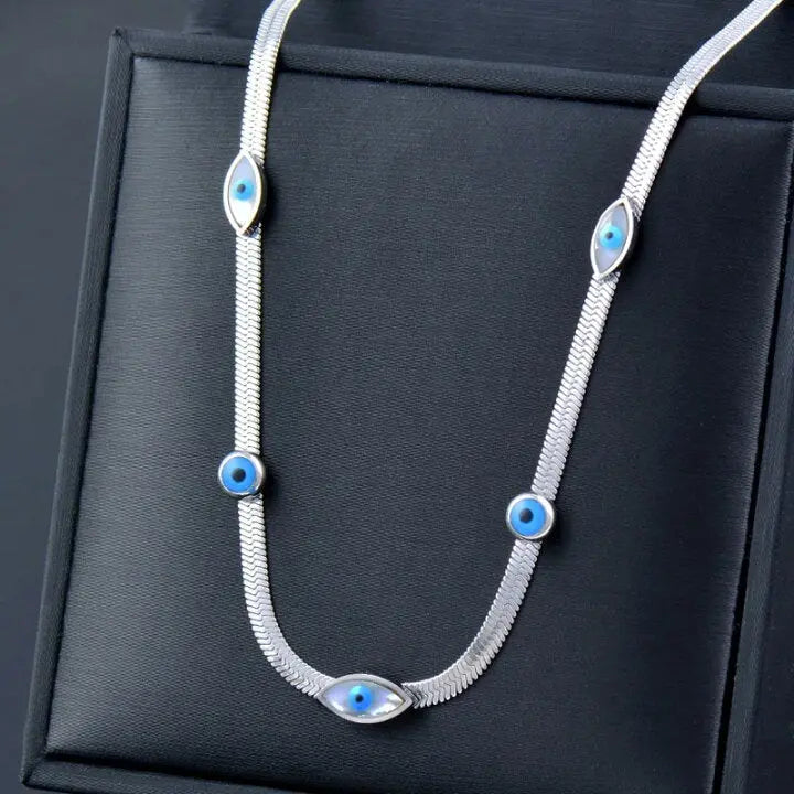 Elegant Silver Nazar Choker - High-Polish Herringbone Chain - Protective Evil Eye Jewelry for Women - ACERO JEWELS