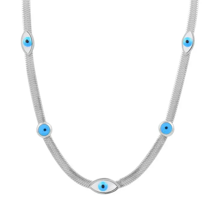 Elegant Silver Nazar Choker - High-Polish Herringbone Chain - Protective Evil Eye Jewelry for Women - ACERO JEWELS
