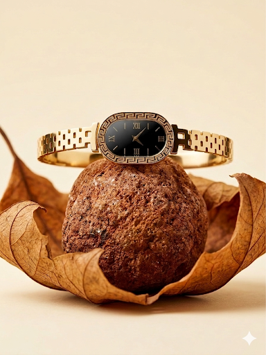 Elegant Vintage-Style Gold Watch for Women with Black Dial and Greek Key Bezel