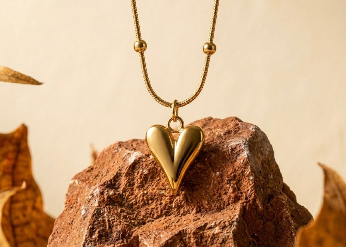 18K Gold Plated 3D Puffed Heart Pendant Necklace | Minimalist Snake Chain Jewelry for Women