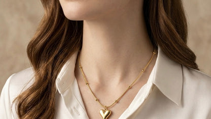 18K Gold Plated 3D Puffed Heart Pendant Necklace | Minimalist Snake Chain Jewelry for Women