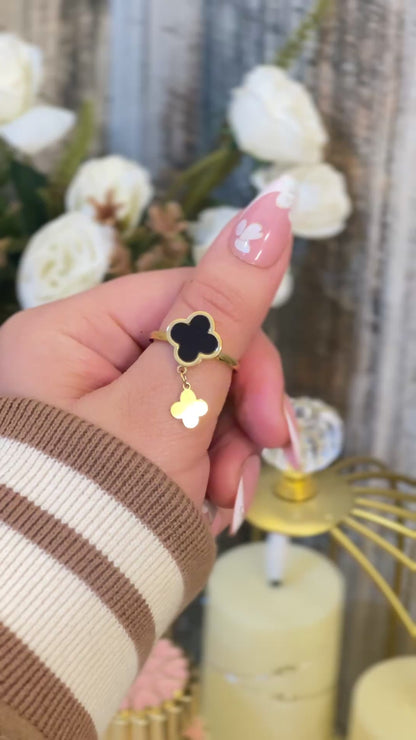 Elegant 18K Gold Plated Black Clover Dangle Ring | Van Cleef Inspired Alhambra Style Charm Ring | Waterproof Stainless Steel Floral Jewelry for Women