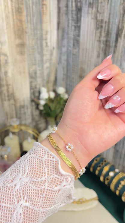 18K Gold Plated Dainty Pearl Flower & Multi-Strand Mesh Bracelet Set | Anti-Tarnish Floral Jewelry