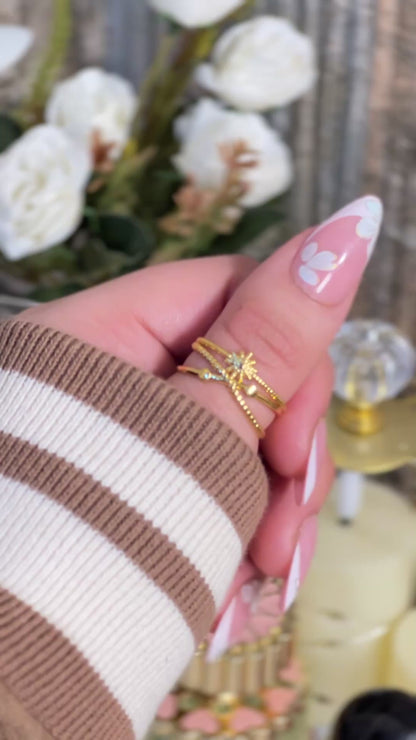 18K Gold Plated Celestial Star Adjustable Ring | Multi-Layer Textured Criss-Cross Band Ring | Dainty North Star Statement Ring for Women | Tarnish-Free Sunburst Jewelry
