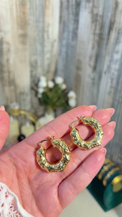18K Gold Plated Molten Textured Hoop Earrings | Hammered Chunky Gold Hoops for Women