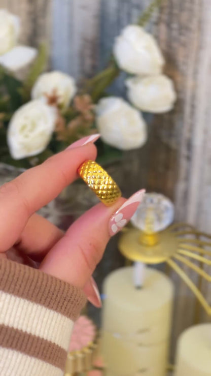 Gold Quilted Dome Ring – Chunky Diamond Pattern Statement Band – Luxury 18K Gold Plated Textured Ring for Women