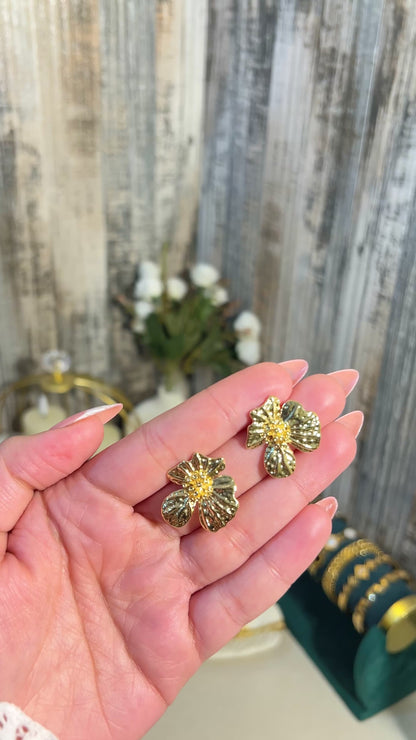 18K Gold Plated Vintage Floral Stud Earrings | Textured 3D Flower Earrings for Women