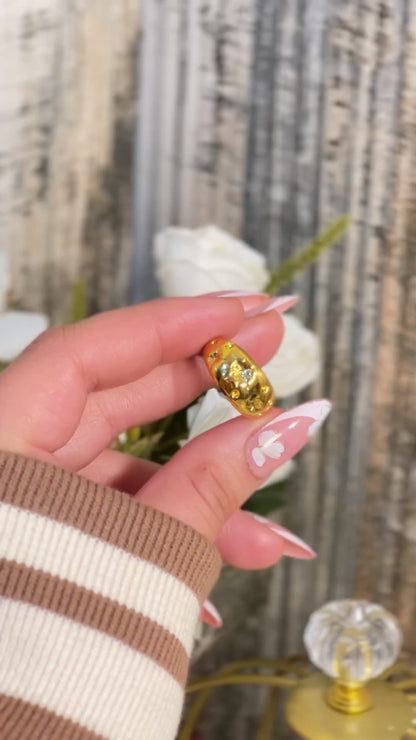 Gold Starry Night Croissant Ring - Bold Engraved Celestial Statement Ring - Tarnish Resistant Gold Chunky Band