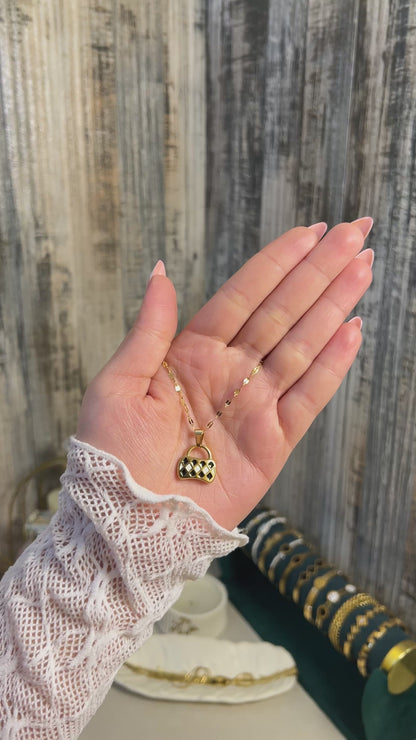 18K Gold Plated Mini Handbag Pendant Necklace | Checkered Enamel Purse Charm on Gold Chain