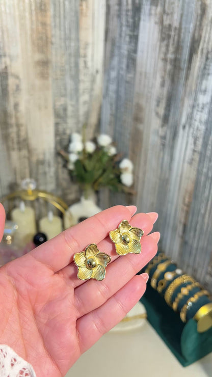 Vintage Gold Textured Flower Stud Earrings | Matte Finish Floral Statement Earrings | Retro Botanical Gold Studs for Women | Chic Daily Wear Jewelry