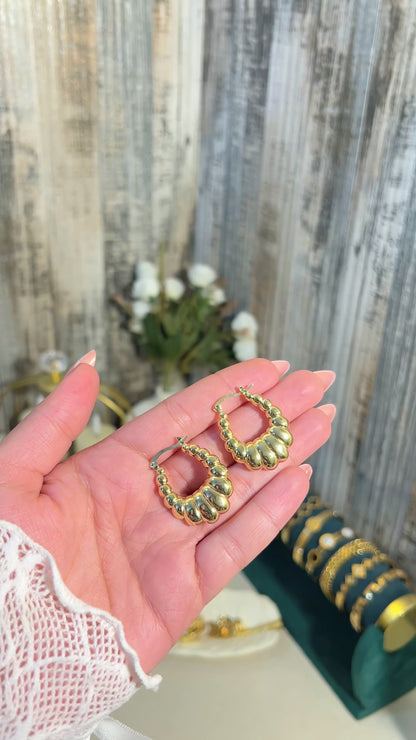 18K Gold Plated Croissant Hoop Earrings | Textured Ribbed Chunky Hoops for Women