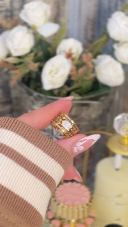 18K Gold Plated Arrow Statement Ring - Wide Honeycomb Cutout Band - Sparkling Crystal Arrow Ring - Adjustable Gold Fashion Jewelry