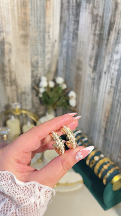 Luxury 18K Gold Plated Pearl Inlay Hoop Earrings | Elegant Textured Twisted Gold & Pearl Huggies | Vintage Style Statement Jewelry for Women