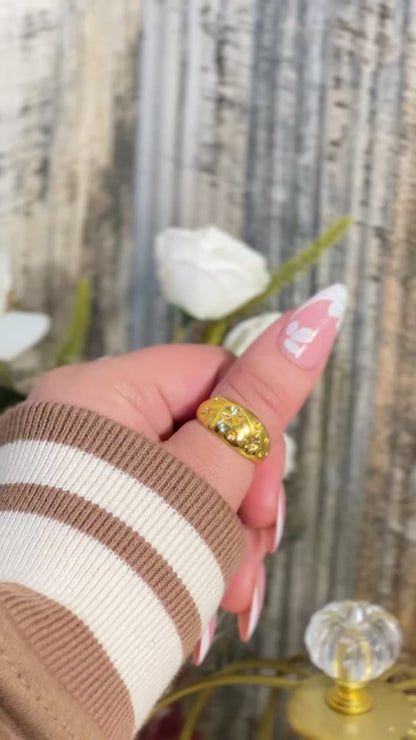 Gold Starry Night Croissant Ring - Bold Engraved Celestial Statement Ring - Tarnish Resistant Gold Chunky Band
