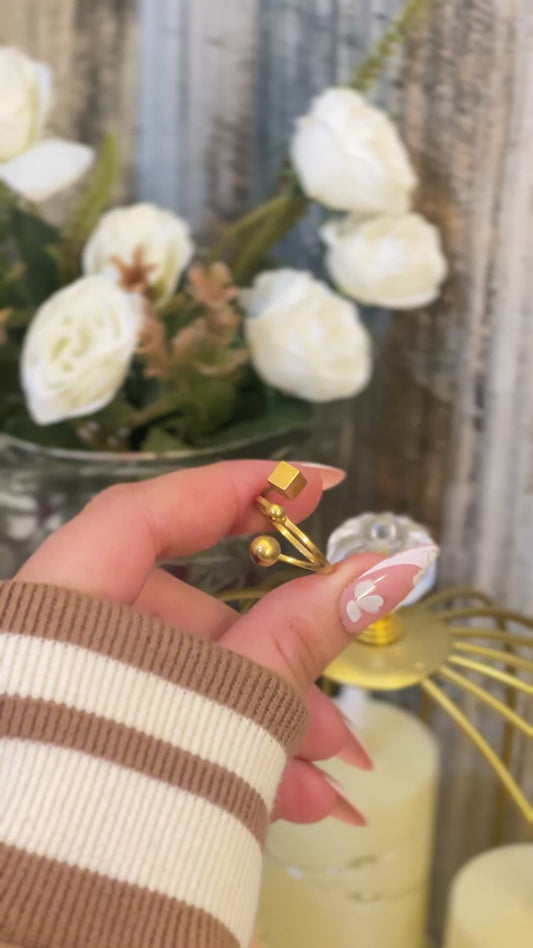 Modern 18K Gold Plated Geometric Bypass Ring | Minimalist Cube and Sphere Open Band Ring