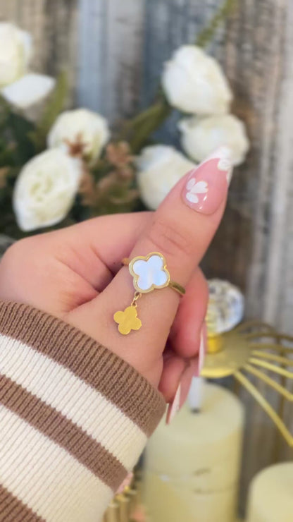 Elegant 18K Gold Plated Mother of Pearl Style White Clover Dangle Ring | Designer Alhambra Inspired Charm Ring | Tarnish-Free Stainless Steel Floral Jewelry