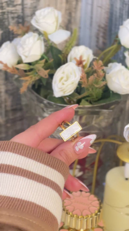 Modern 18K Gold Plated Rectangle Marble Stone Ring | Geometric Mother of Pearl Style Statement Ring | Waterproof Stainless Steel Open Band Jewelry