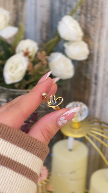 18K Gold Plated Black Enamel Heart Ring