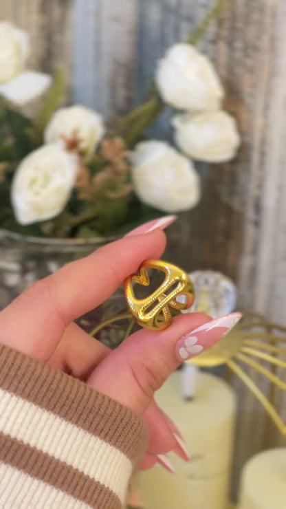 18K Gold Plated Anchor Link Ring - Bold Nautical Statement Band - Textured Marine Inspired Jewelry - Adjustable Chunky Gold Ring