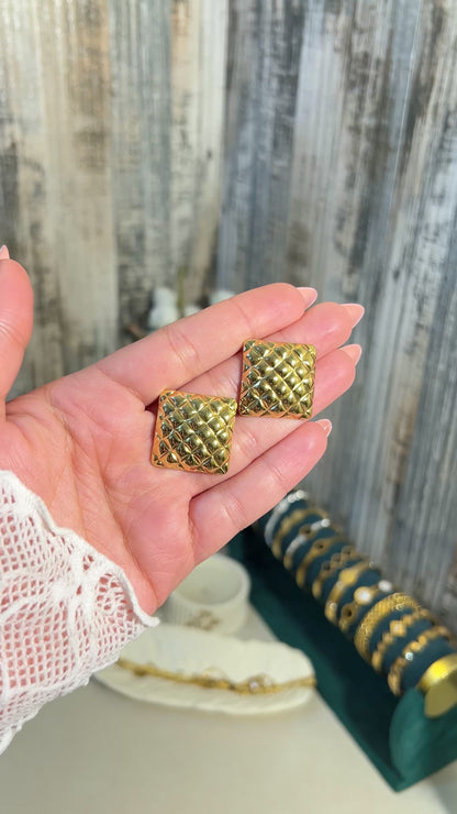 Vintage 18K Gold Plated Quilted Square Stud Earrings