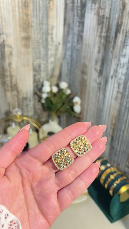 18K Gold Plated Checkerboard Stud Earrings | Crystal Halo Square Earrings for Women