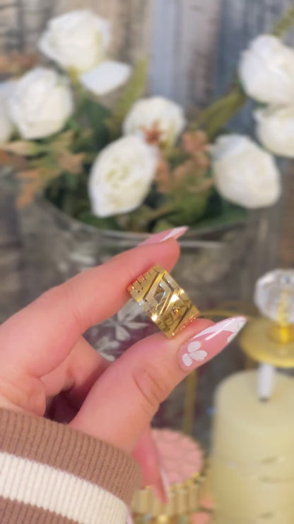 18K Gold Plated Greek Key Adjustable Ring - Bold Geometric Meander Band - Vintage Greek Motif Statement Ring for Women